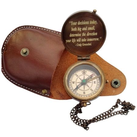Brass Pocket Compass with Leather Case Quote